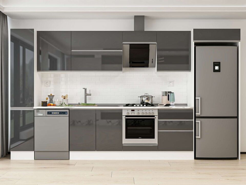 Alvinka 390X222 Cm High Gloss Mutfak Dolabı Mbb-E90B40S60-2 High Gloss | Antrasit - Mdf