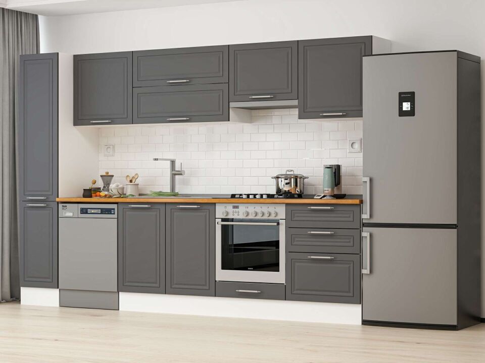 Alvinka 300X210 Cm Klasik Mebran Mutfak Dolabı Mb-E80B40S60-1 Mebran | Antrasit - Suntalam