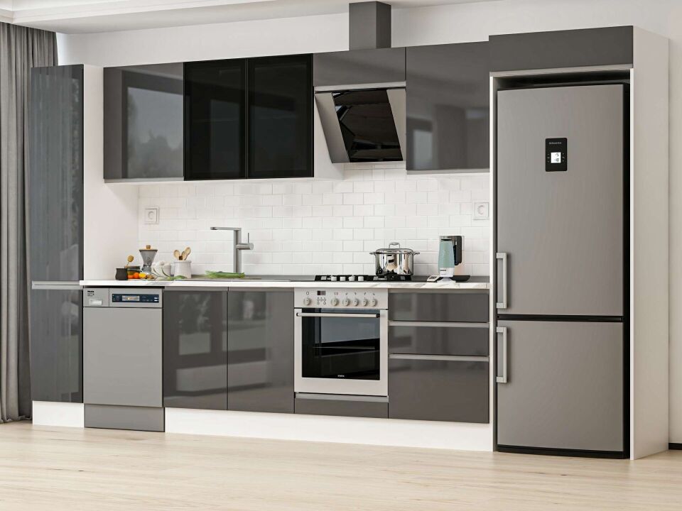 Alvinka 390X222 Cm High Gloss Mutfak Dolabı Mbb-E90B40S60-3 High Gloss | Antrasit - Suntalam