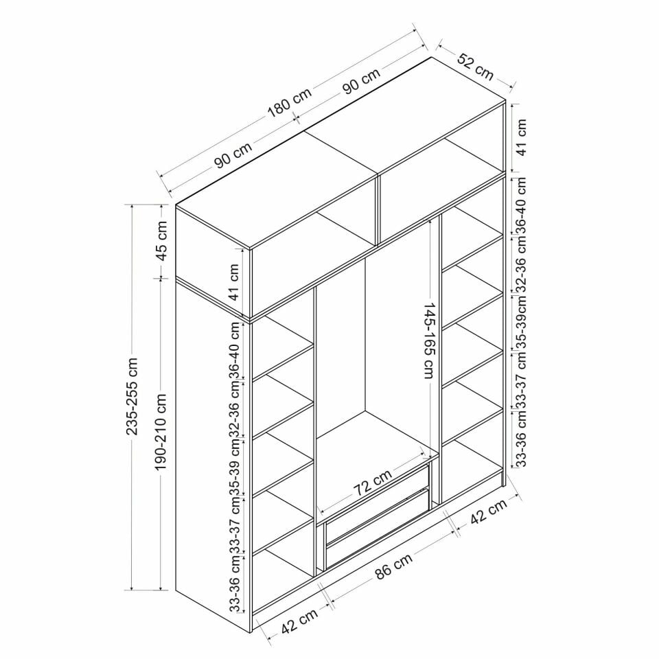 Minar Kale 4 Kapaklı 4 Aynalı 2 Ç Dolap ve Yüklük Beyaz Antrasit