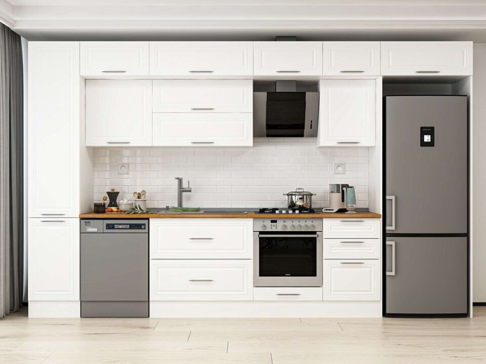 Alvinka 375X240 Cm Klasik Mebran Mutfak Dolabı Beyaz Beyaz Mbb-E80B45S50-2