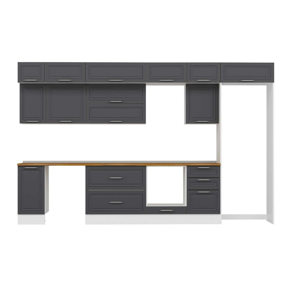 Alvinka 370X240 Cm Klasik Mebran Mutfak Dolabı Mb-E80S40S50-2 Mebran | Antrasit - Mdf