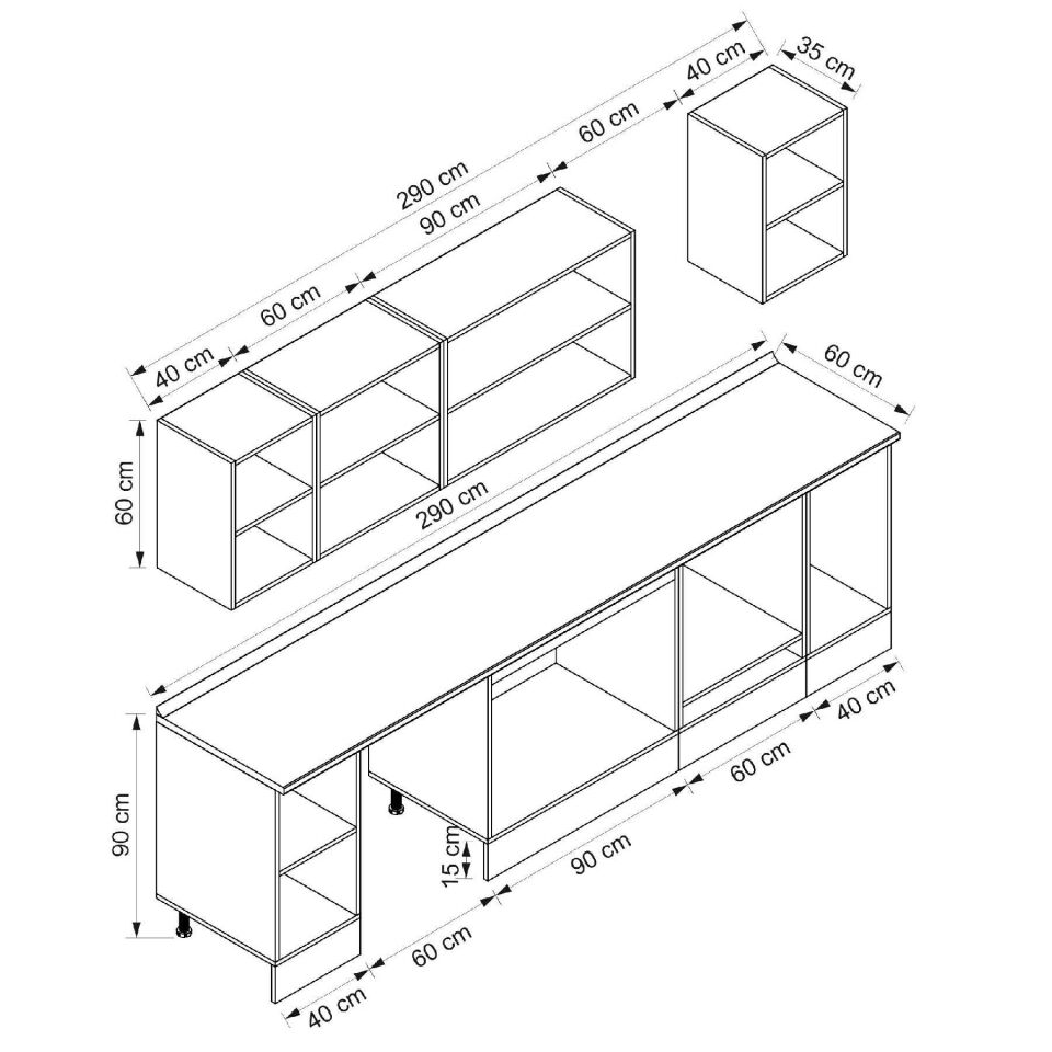 Alvinka 290X210 Cm High Gloss Mutfak Dolabı M-E90S40S40-3 High Gloss | Antrasit - Mdf