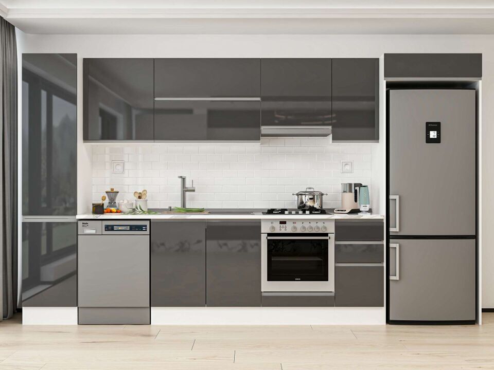 Alvinka 375X222 Cm High Gloss Mutfak Dolabı Mbb-E90B45S40-1 High Gloss | Antrasit - Mdf