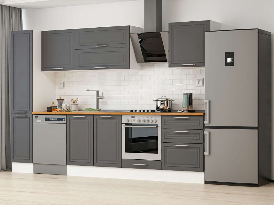 Alvinka 300X210 Cm Klasik Mebran Mutfak Dolabı Mb-E80B40S60-2 Mebran | Antrasit - Mdf
