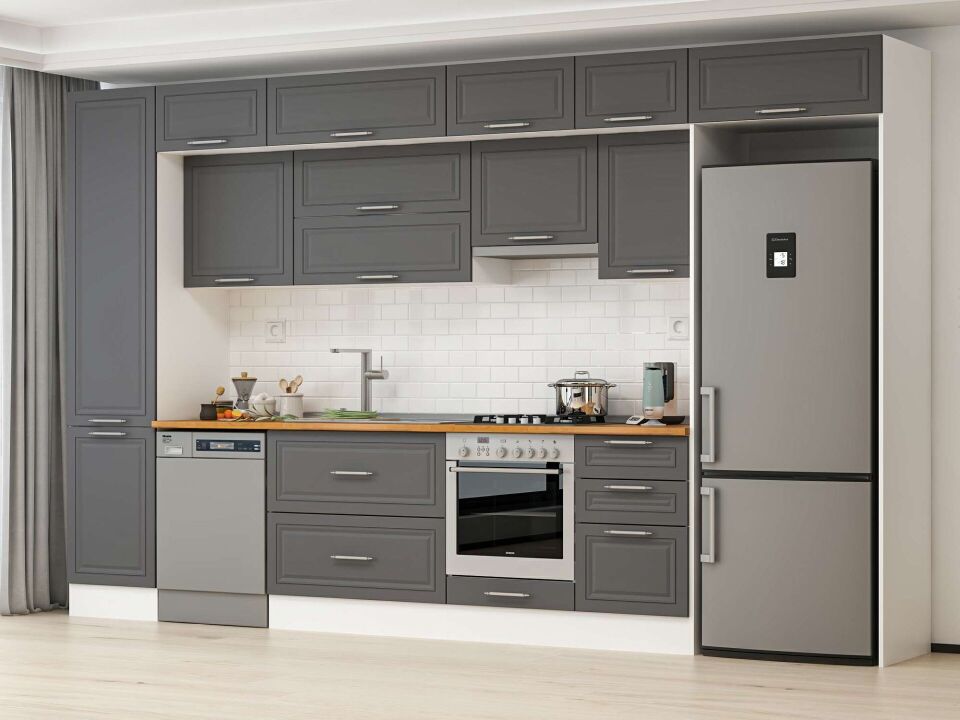 Alvinka 390X240 Cm Klasik Mebran Mutfak Dolabı Mbb-E90B50S50-1 Mebran | Antrasit - Mdf