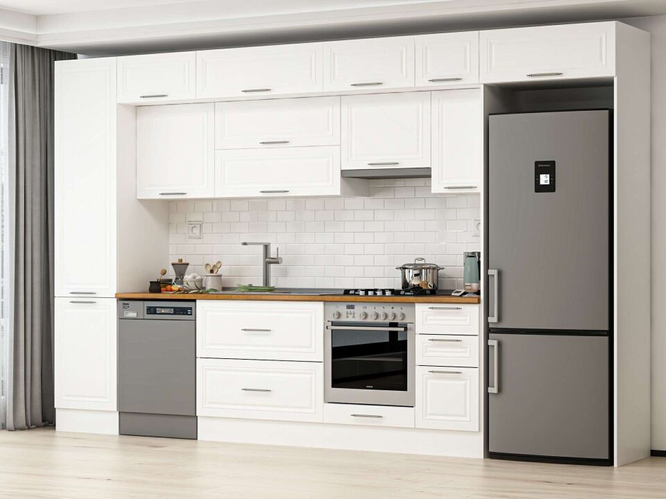 Alvinka 370X240 Cm Klasik Mebran Mutfak Dolabı Beyaz Beyaz Mbb-E80B50S40-1