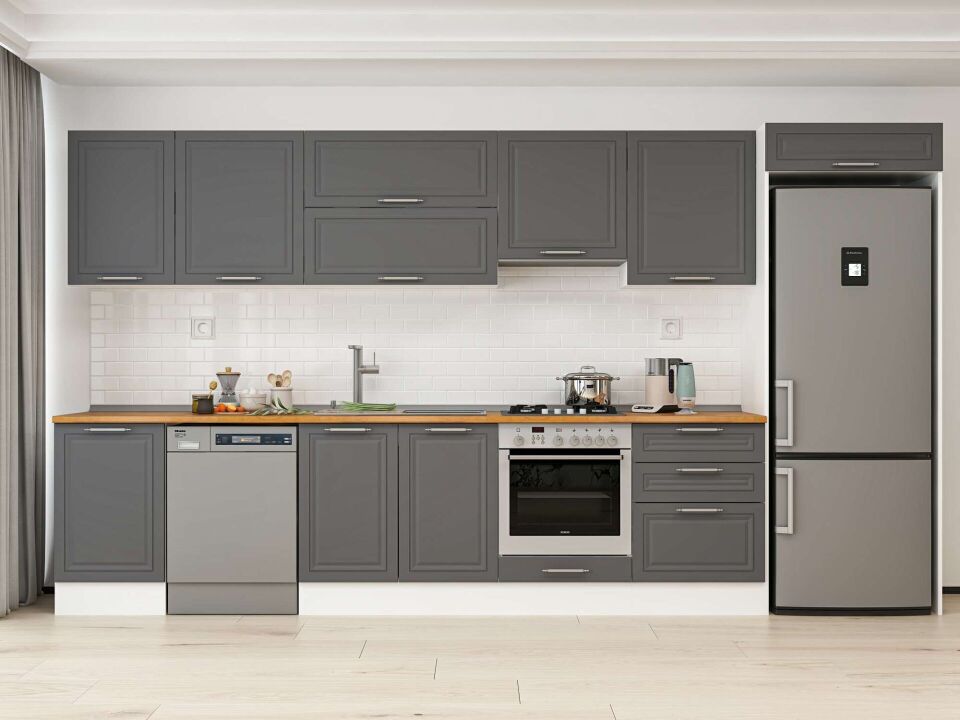 Alvinka 390X222 Cm Klasik Mebran Mutfak Dolabı Mb-E80S50S60-1 Mebran | Antrasit - Mdf