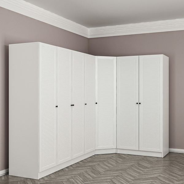 Minar Kale 7 Kapaklı 2 Çekmeceli Köşe Dolap Beyaz Mebran Panjur 190CM