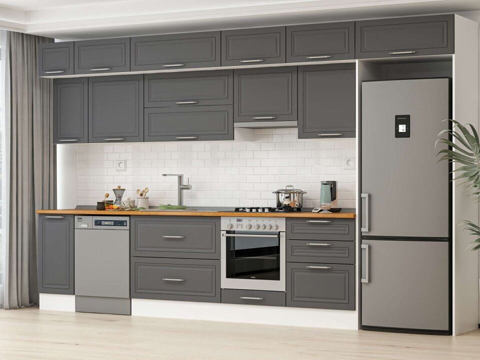 Alvinka 380X240 Cm Klasik Mebran Mutfak Dolabı Mb-E80S40S60-1 Mebran | Antrasit - Suntalam