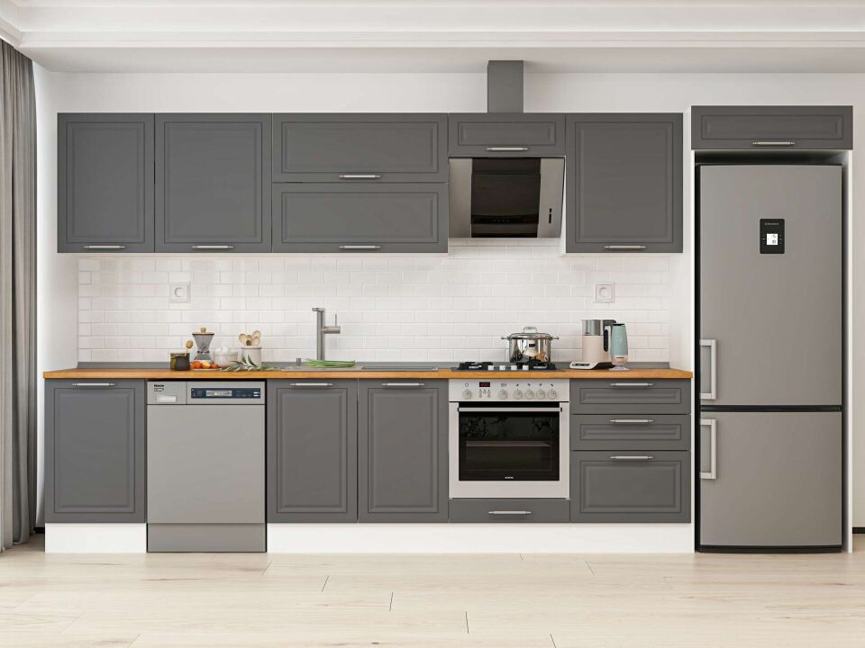 Alvinka 390X222 Cm Klasik Mebran Mutfak Dolabı Mb-E80S50S60-2 Mebran | Antrasit - Mdf