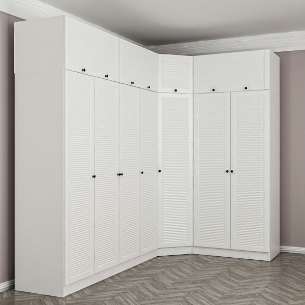 Minar Kale 7 Kapaklı 2 Ç Köşe Dolap + Yüklük Beyaz Mebran Panjur 190CM