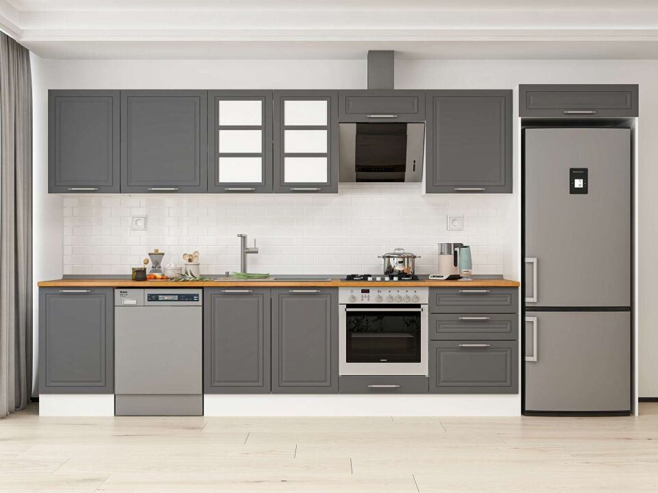 Alvinka 390X222 Cm Klasik Mebran Mutfak Dolabı Mb-E80S50S60-3 Mebran | Antrasit - Mdf