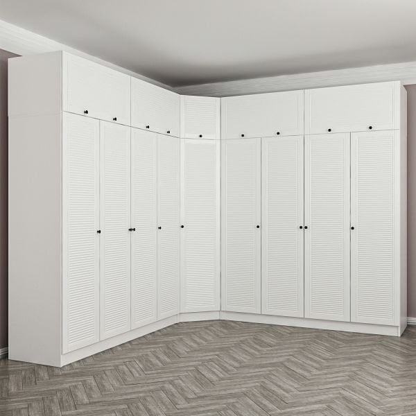 Minar Kale 9 Kapaklı 4 Ç Köşe Dolap + Yüklük Beyaz Mebran Panjur 190CM