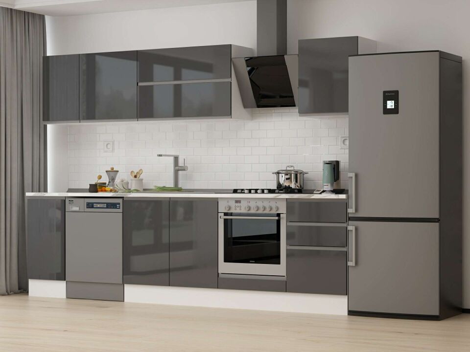 Alvinka 300X210 Cm High Gloss Mutfak Dolabı M-E90S40S50-2 High Gloss | Antrasit - Suntalam