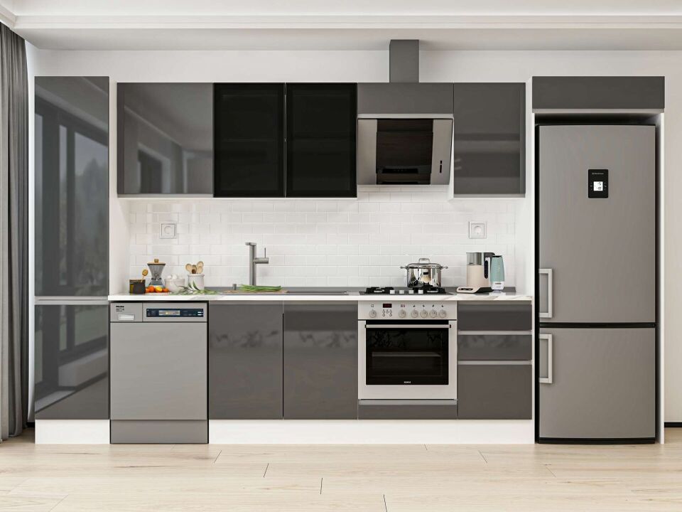 Alvinka 380X222 Cm High Gloss Mutfak Dolabı Mbb-E90B45S45-3 High Gloss | Antrasit - Mdf