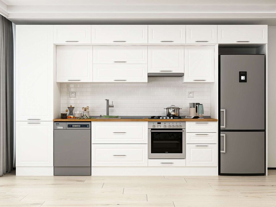 Alvinka 390X240 Cm Klasik Mebran Mutfak Dolabı Beyaz Beyaz Mbb-E80B60S50-1