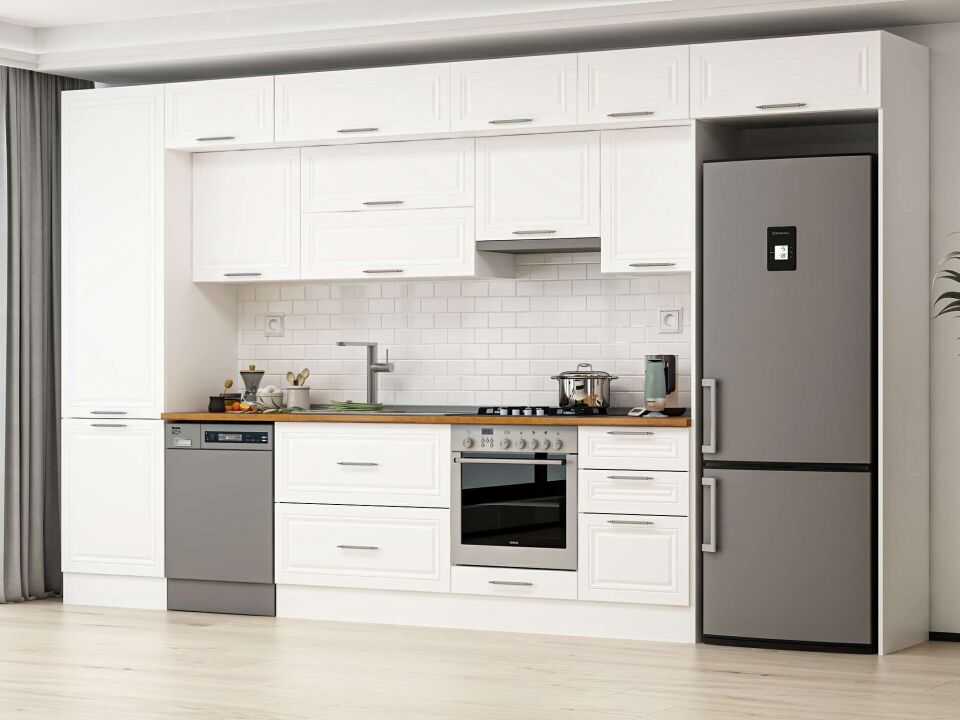 Alvinka 390X240 Cm Klasik Mebran Mutfak Dolabı Beyaz Beyaz Mbb-E80B60S50-1