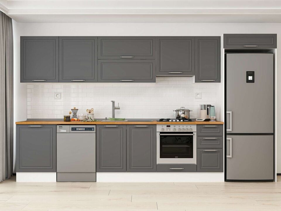 Alvinka 380X222 Cm Klasik Mebran Mutfak Dolabı Mb-E80S60S40-1 Mebran | Antrasit - Mdf