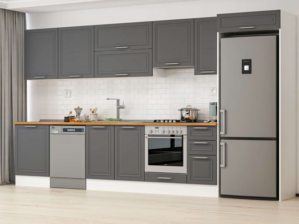 Alvinka 380X222 Cm Klasik Mebran Mutfak Dolabı Mb-E80S60S40-1 Mebran | Antrasit - Mdf