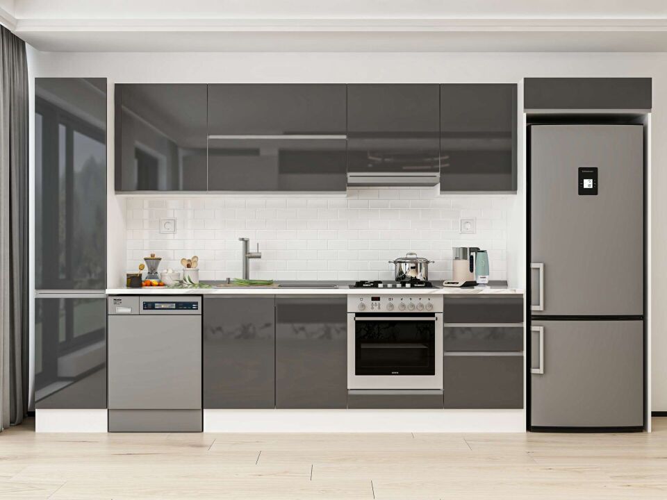 Alvinka 385X222 Cm High Gloss Mutfak Dolabı Mbb-E90B45S50-1 High Gloss | Antrasit - Mdf