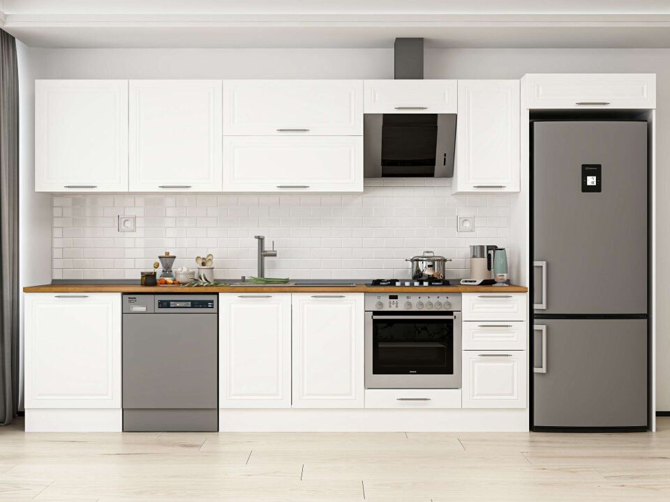 Alvinka 380X222 Cm Klasik Mebran Mutfak Dolabı Mb-E80S60S40-2 Mebran | Beyaz - Mdf
