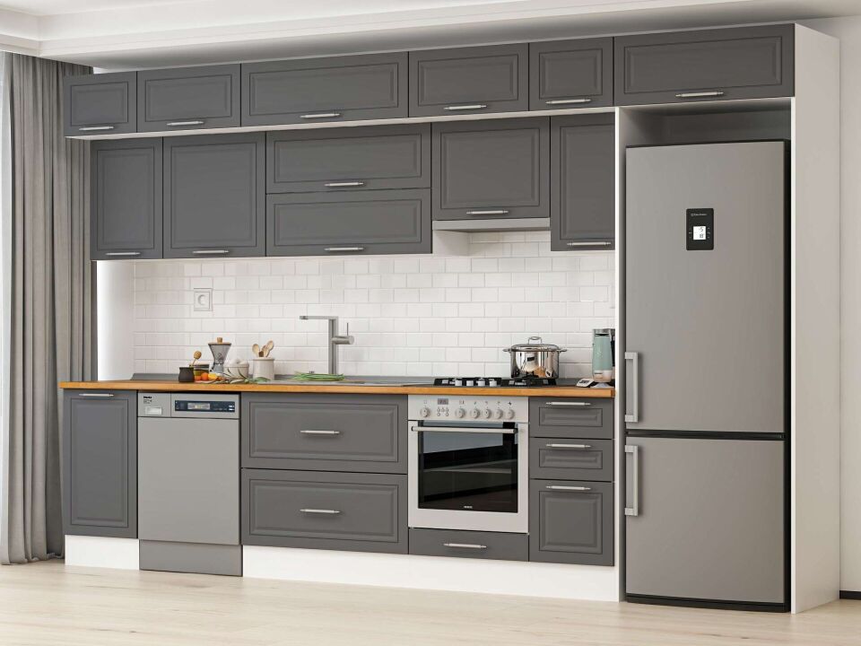 Alvinka 365X240 Cm Klasik Mebran Mutfak Dolabı Mb-E80S45S40-1 Mebran | Antrasit - Suntalam