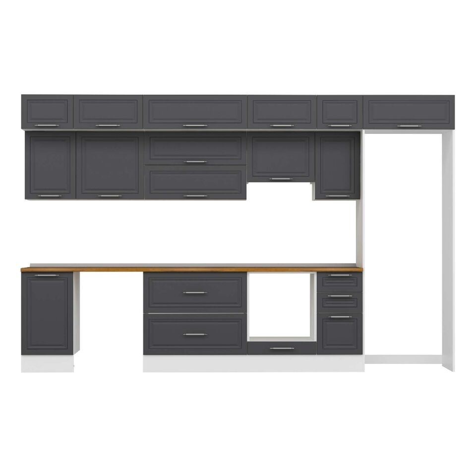 Alvinka 365X240 Cm Klasik Mebran Mutfak Dolabı Mb-E80S45S40-1 Mebran | Antrasit - Suntalam