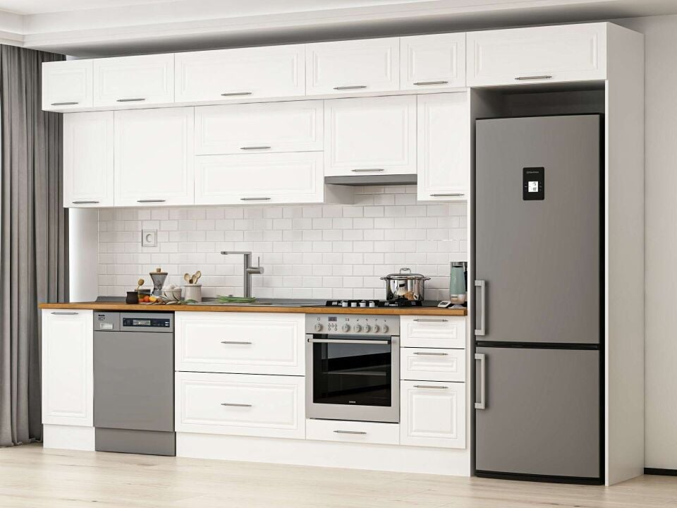Alvinka 370X240 Cm Klasik Mebran Mutfak Dolabı Beyaz Beyaz Mb-E90S40S40-1