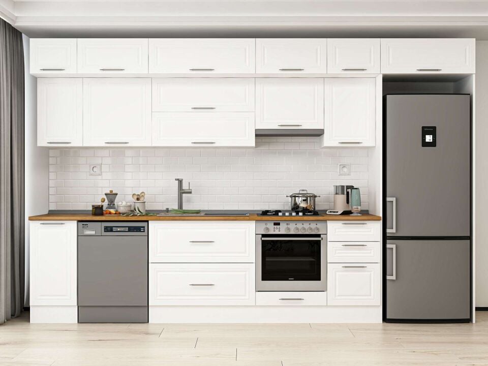 Alvinka 375X240 Cm Klasik Mebran Mutfak Dolabı Beyaz Beyaz Mb-E90S40S45-1