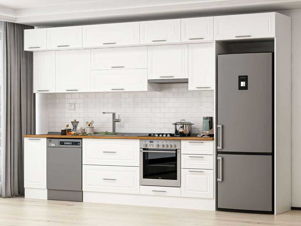 Alvinka 375X240 Cm Klasik Mebran Mutfak Dolabı Beyaz Beyaz Mb-E90S40S45-1