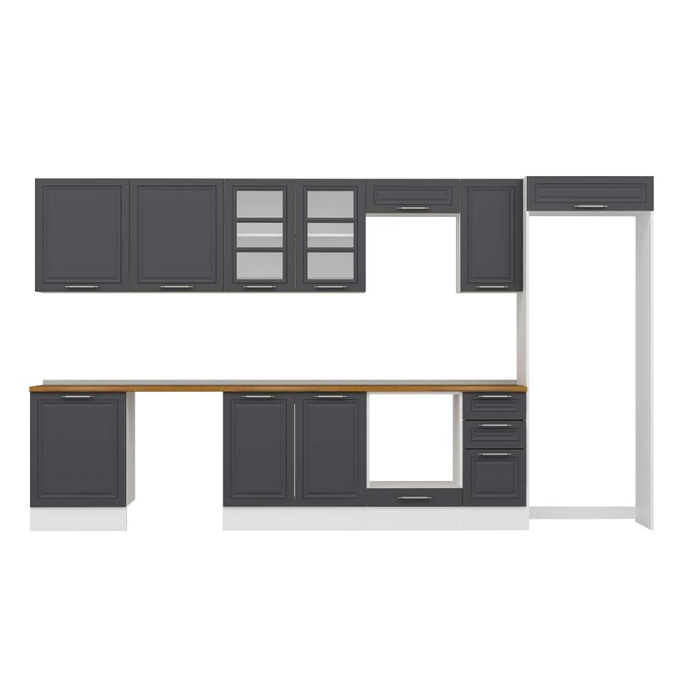 Alvinka 380X222 Cm Klasik Mebran Mutfak Dolabı Mb-E80S60S40-3 Mebran | Antrasit - Suntalam