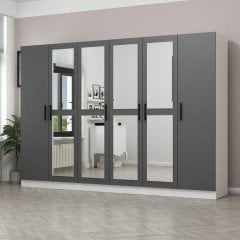 Minar Kale 6 Kapaklı 4 Aynalı 2 Çekmeceli Dolap Beyaz Antrasit