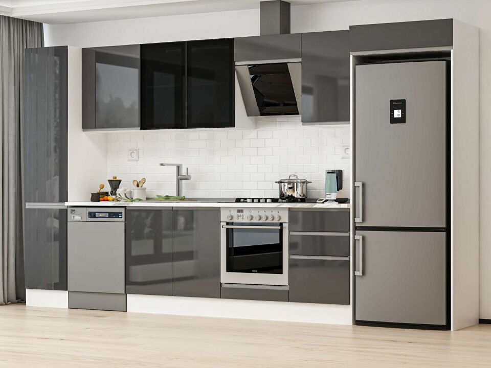 Alvinka 385X222 Cm High Gloss Mutfak Dolabı Mbb-E90B45S50-3 High Gloss | Antrasit - Mdf