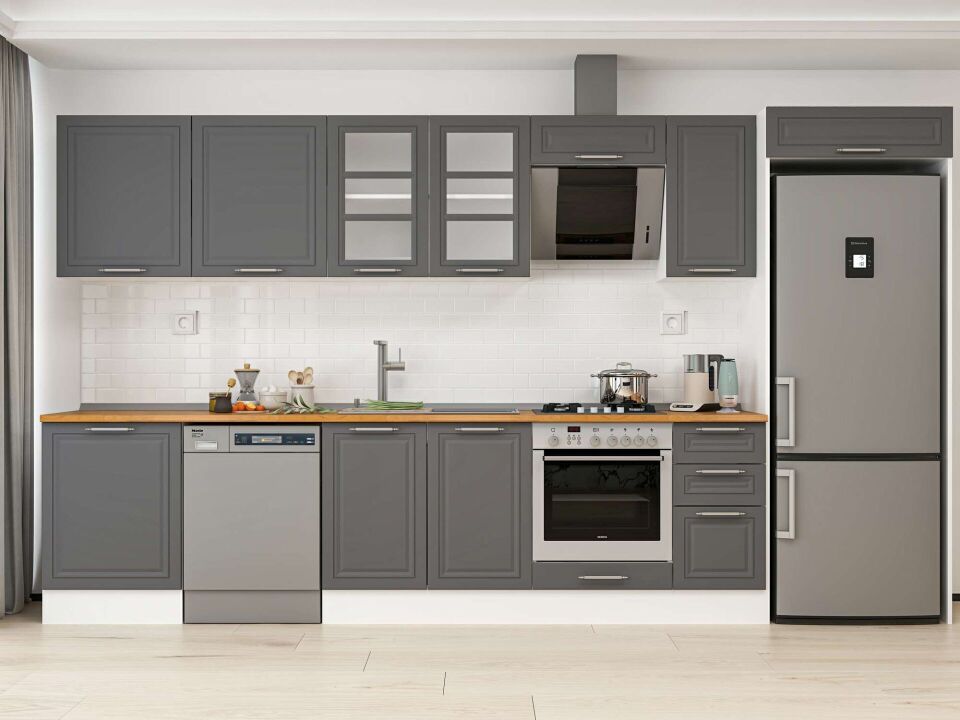 Alvinka 380X222 Cm Klasik Mebran Mutfak Dolabı Mb-E80S60S40-3 Mebran | Antrasit - Mdf
