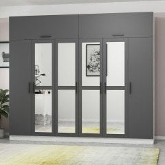 Minar Kale 6 Kapaklı 4 Aynalı 2 Ç Dolap Ve Yüklük Beyaz Antrasit 255CM