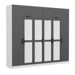 Minar Kale 6 Kapaklı 4 Aynalı 2 Ç Dolap Ve Yüklük Beyaz Antrasit 255CM