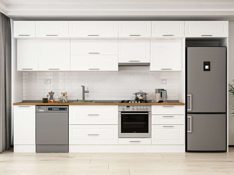 Alvinka 390X240 Cm Klasik Mebran Mutfak Dolabı Beyaz Beyaz Mb-E90S40S60-1