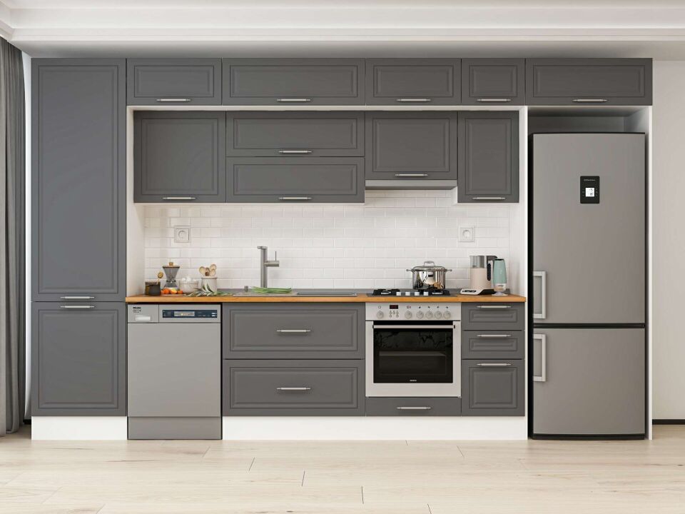 Alvinka 390X240 Cm Klasik Mebran Mutfak Dolabı Mbb-E90B60S40-1 Mebran | Antrasit - Mdf