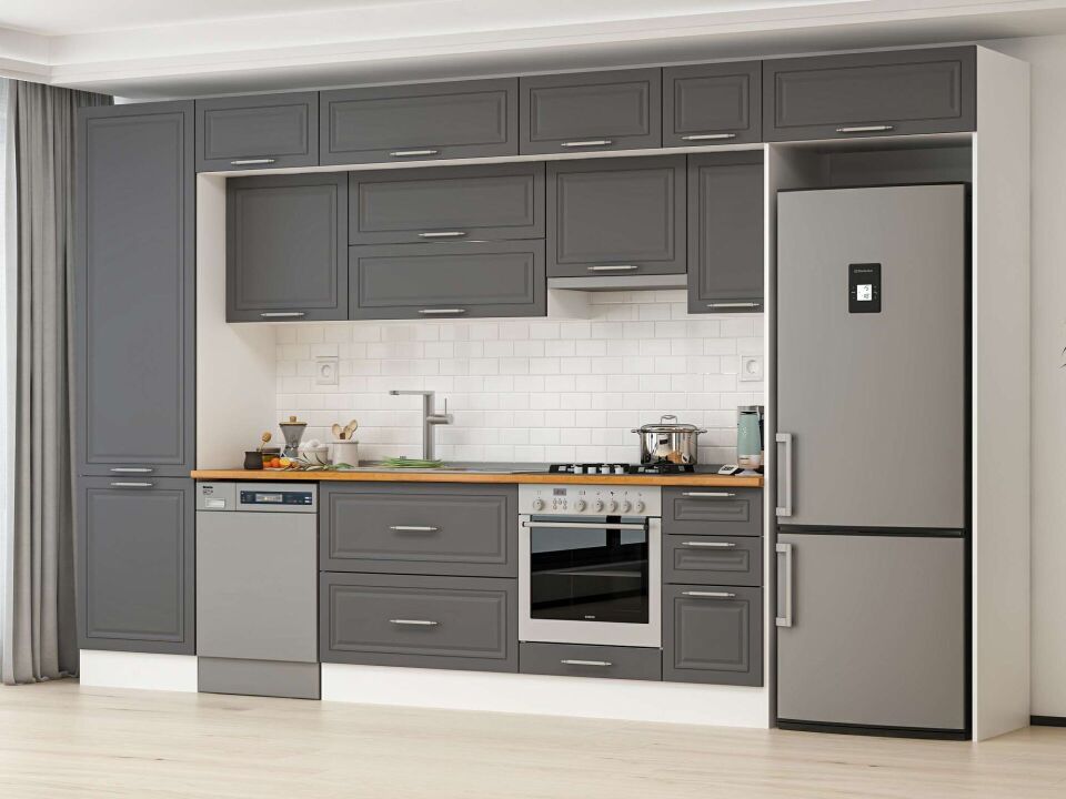 Alvinka 390X240 Cm Klasik Mebran Mutfak Dolabı Mbb-E90B60S40-1 Mebran | Antrasit - Mdf