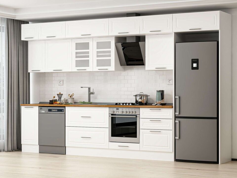 Alvinka 390X240 Cm Klasik Mebran Mutfak Dolabı Beyaz Beyaz Mb-E90S40S60-3