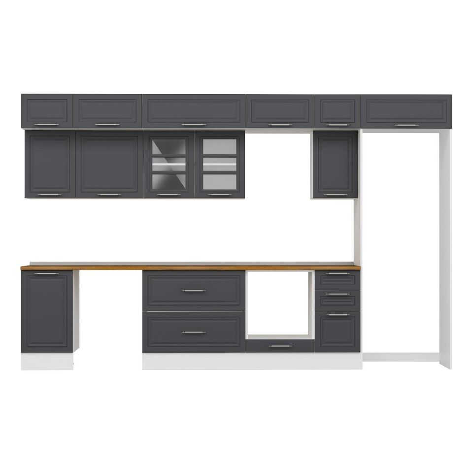 Alvinka 365X240 Cm Klasik Mebran Mutfak Dolabı Mb-E80S45S40-3 Mebran | Antrasit - Suntalam