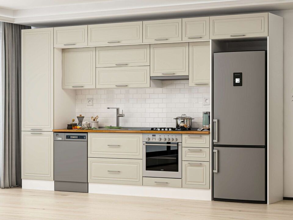 Alvinka 390X240 Cm Klasik Mebran Mutfak Dolabı Mbb-E90B60S40-1 Mebran | Kumtaşı - Mdf