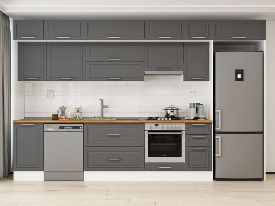 Alvinka 375X240 Cm Klasik Mebran Mutfak Dolabı Beyaz Beyaz Mb-E90S45S40-1