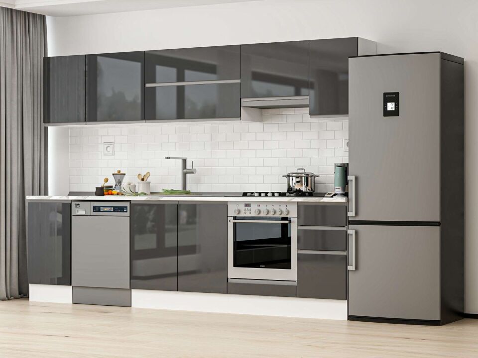 Alvinka 295X210 Cm High Gloss Mutfak Dolabı M-E90S45S40-1 High Gloss | Antrasit - Mdf