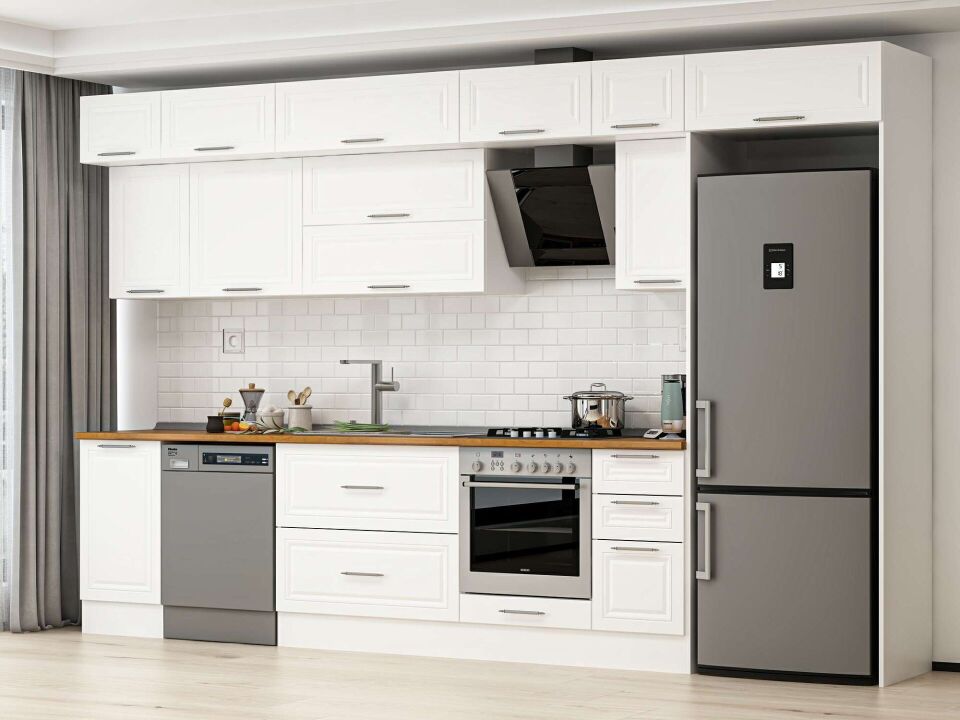 Alvinka 375X240 Cm Klasik Mebran Mutfak Dolabı Beyaz Beyaz Mb-E90S45S40-2