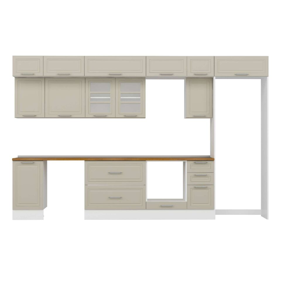 Alvinka 365X240 Cm Klasik Mebran Mutfak Dolabı Mb-E80S45S40-3 Mebran | Kumtaşı - Mdf