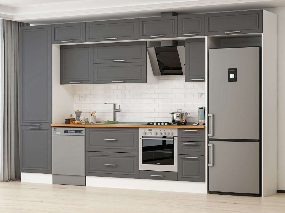 Alvinka 390X240 Cm Klasik Mebran Mutfak Dolabı Mbb-E90B60S40-2 Mebran | Antrasit - Mdf