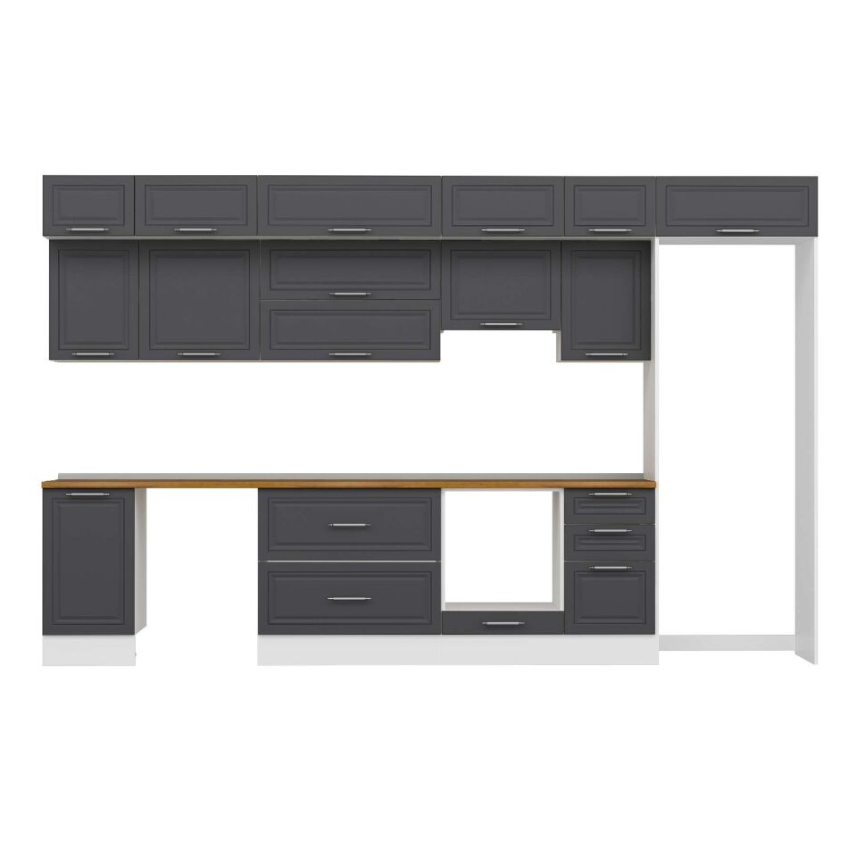 Alvinka 370X240 Cm Klasik Mebran Mutfak Dolabı Mb-E80S45S45-1 Mebran | Antrasit - Suntalam