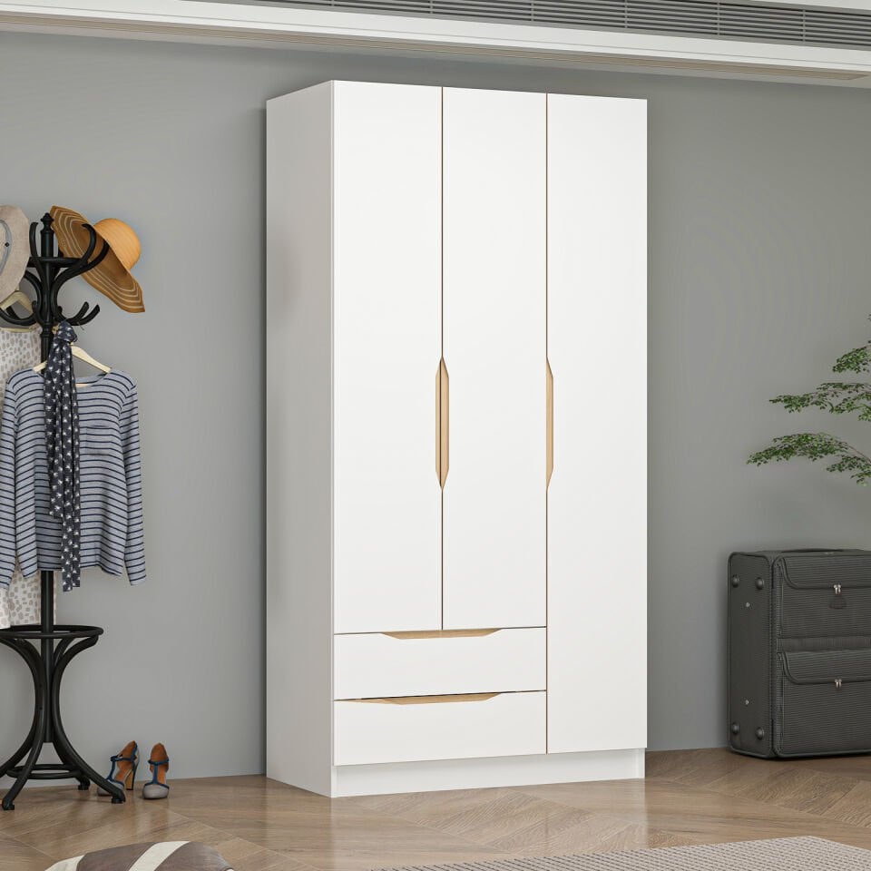 Alin 3 Kapaklı 2 Çekmeceli Gardırop - Elbise Dolabı - J Soft Kulp - Beyaz